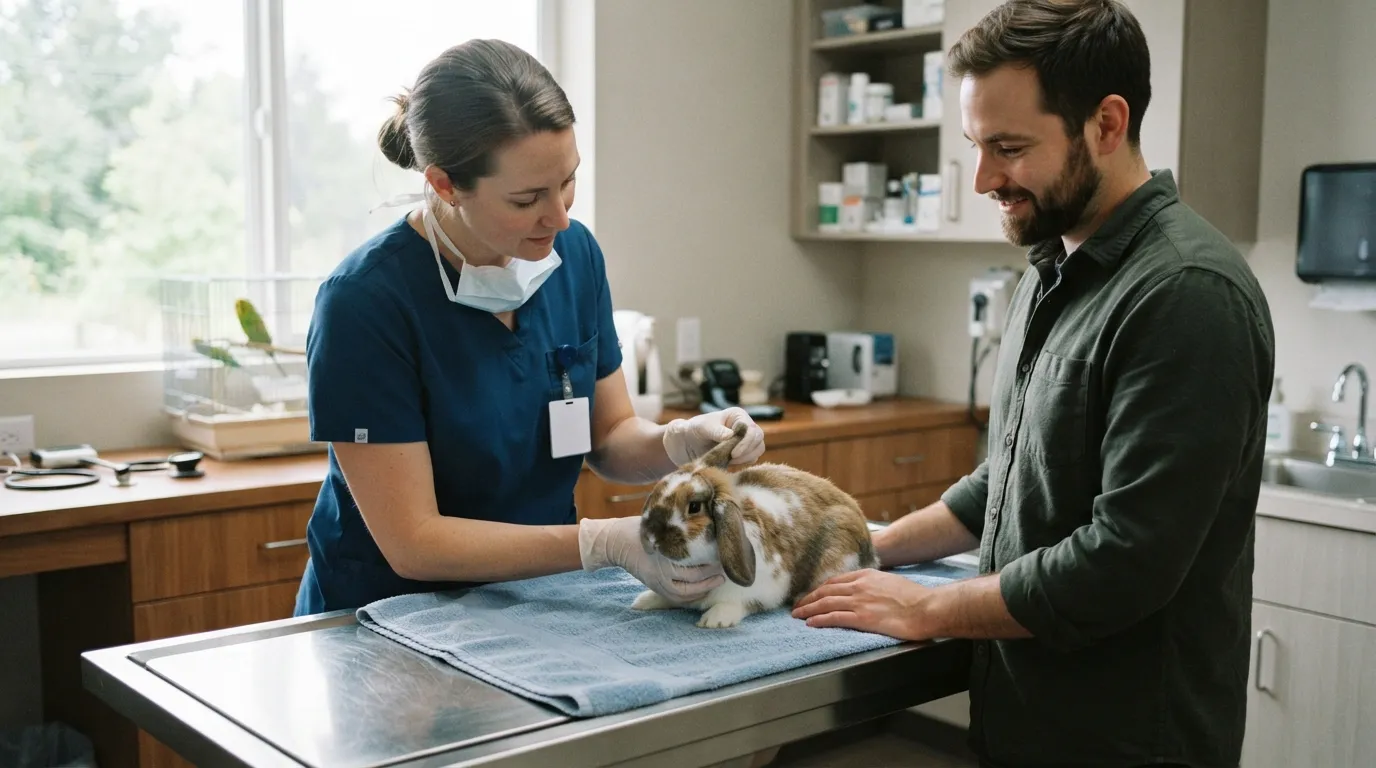 Veterinária examina um coelho calmo na mesa do consultório, com o tutor ao lado e um periquito na gaiola de transporte