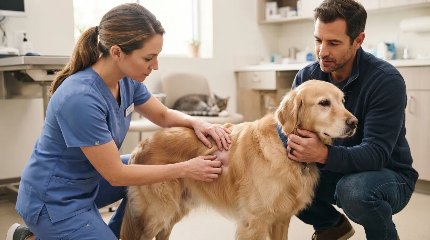 Veterinária afasta o pelo de um golden retriever para examinar a pele, com o tutor ao lado