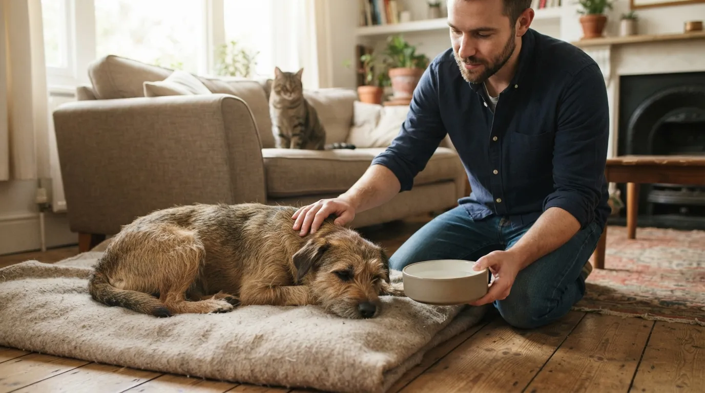 Tutor oferece água a um cachorro abatido deitado numa manta, com um gato observando do sofá