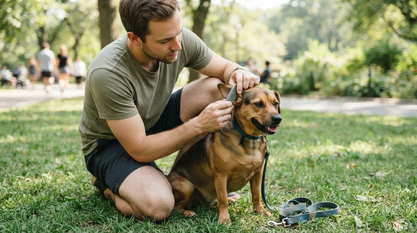 Tutor afasta o pelo atrás da orelha de um cachorro para procurar carrapatos depois do passeio