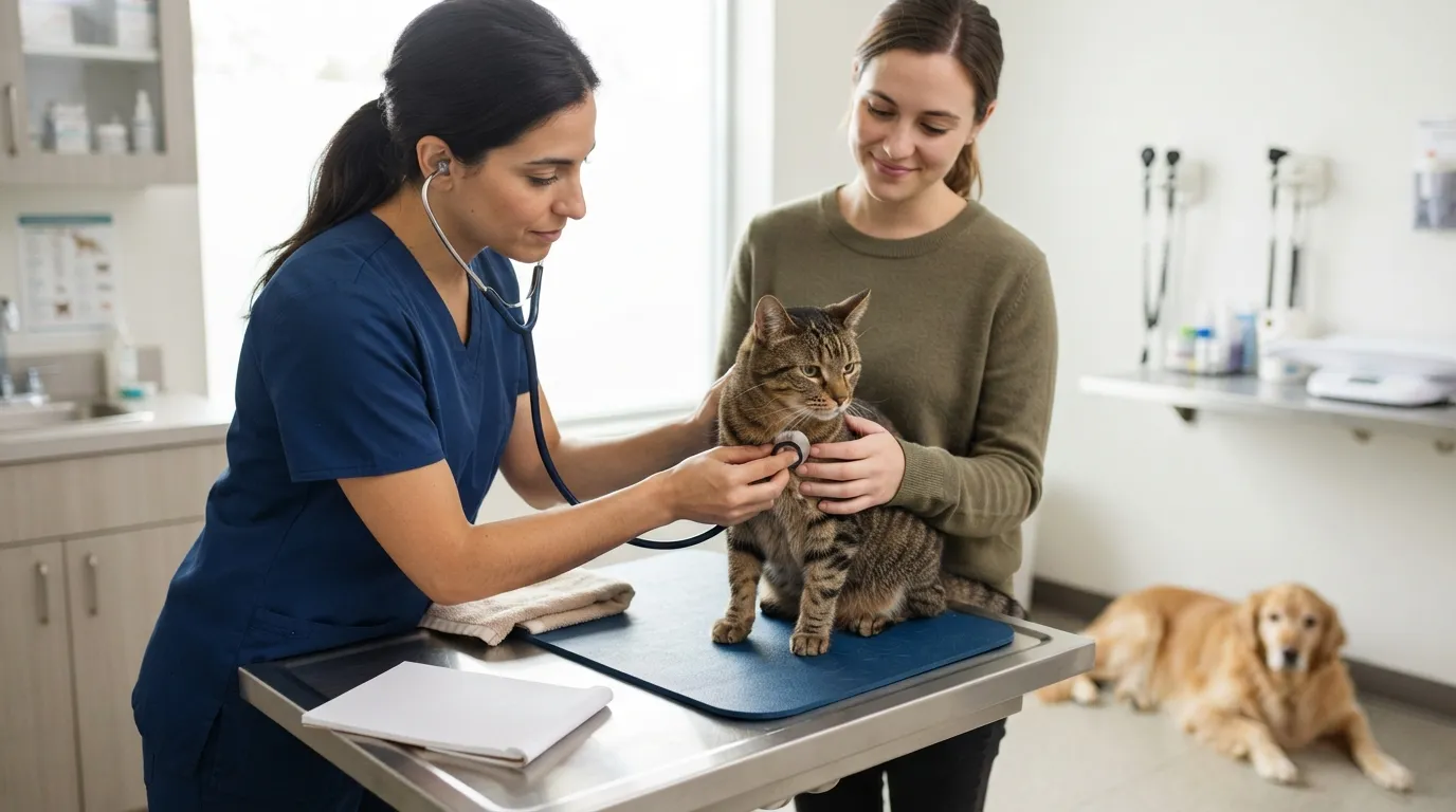 Veterinária ausculta um gato na mesa do consultório enquanto a tutora o segura, com um cachorro deitado ao lado