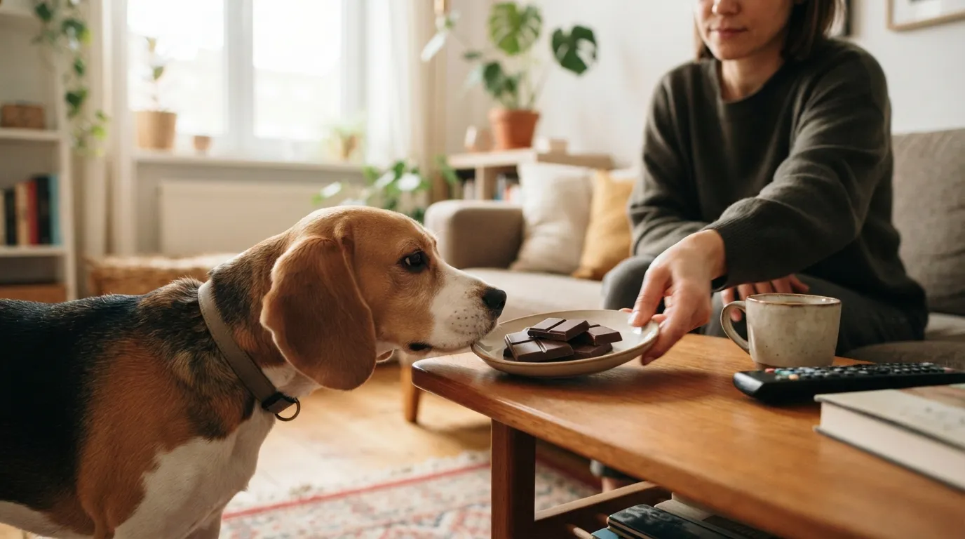 Tutor tira um pedaço de chocolate do alcance de um beagle curioso na mesa de centro da sala