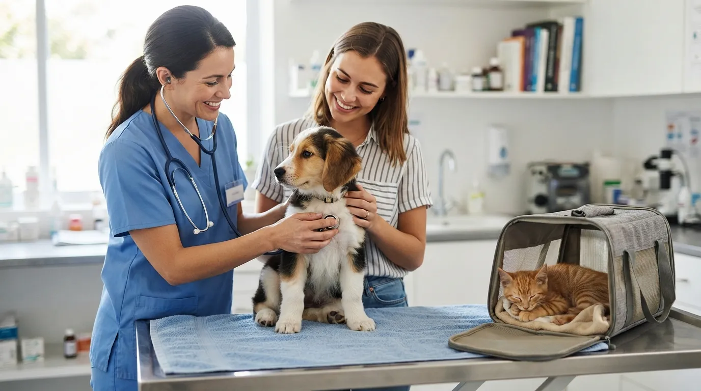 Veterinária sorri ao examinar um filhote de cachorro no colo da tutora antes da vacina