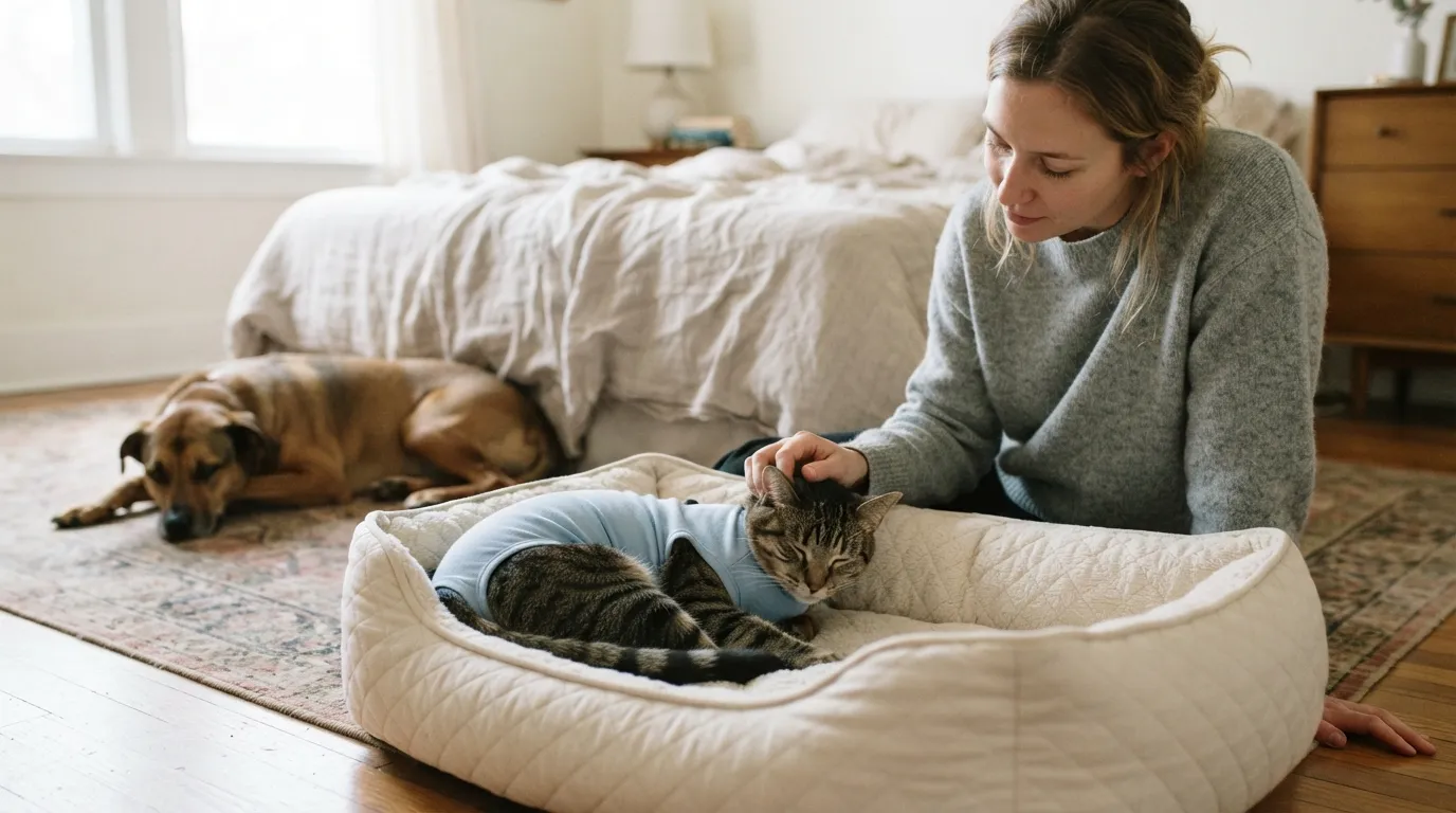 Gata de roupa cirúrgica descansa na caminha enquanto a tutora faz carinho, com um cachorro deitado perto