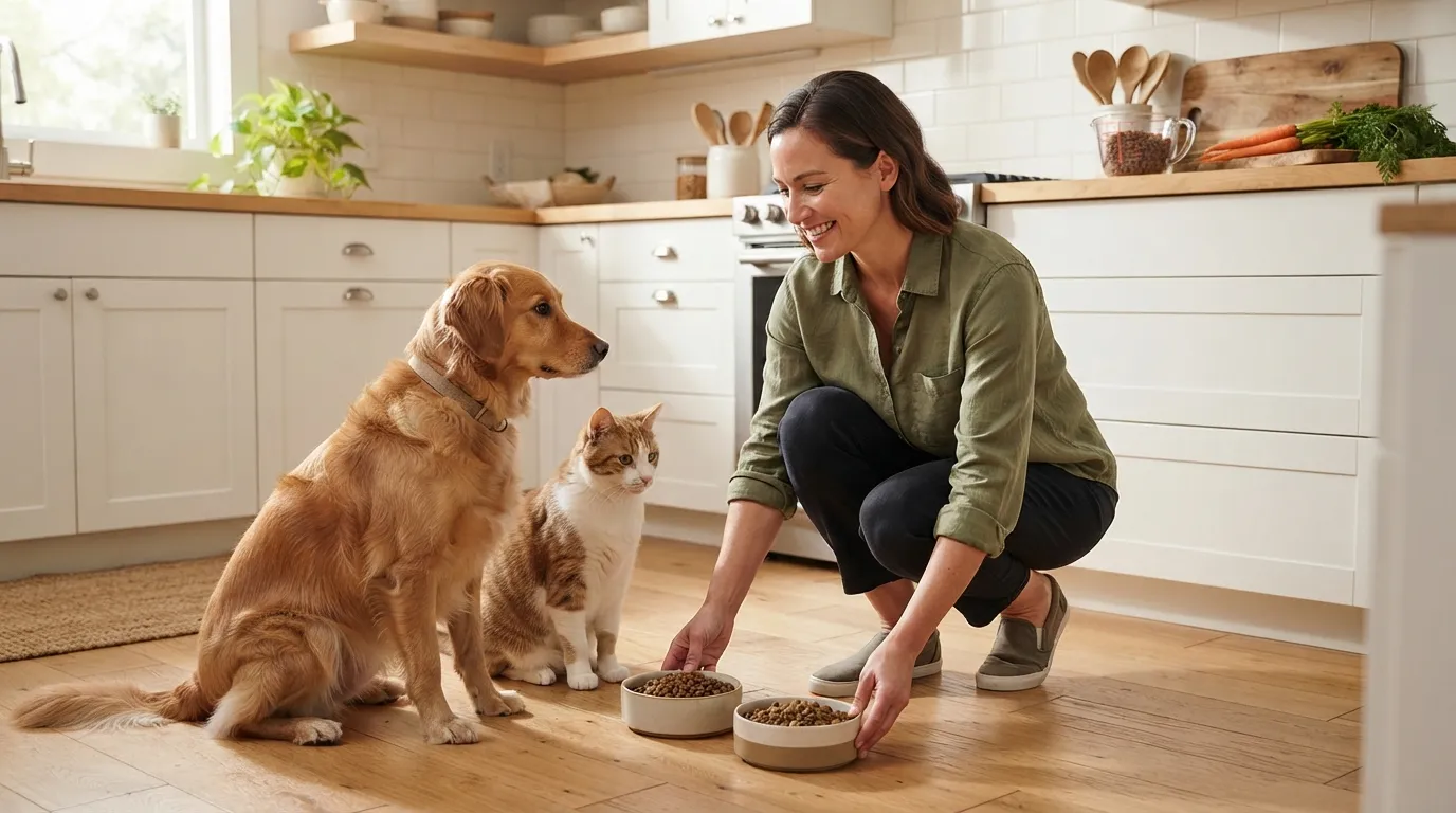 Tutora serve ração a um cachorro e a um gato que esperam lado a lado no chão da cozinha