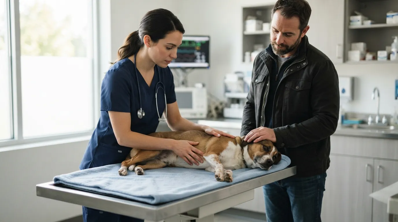 Veterinária examina um cachorro na mesa de atendimento de emergência enquanto o tutor acalma o animal